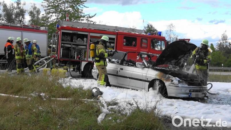Am Sonntagnachmittag brannte ein Ford auf der Staatsstraße bei Pirk bei Falkenberg aus. Weshalb plötzlich Flammen aus dem Motorraum schlugen ist laut Polizeibericht noch unklar. Bild: nic