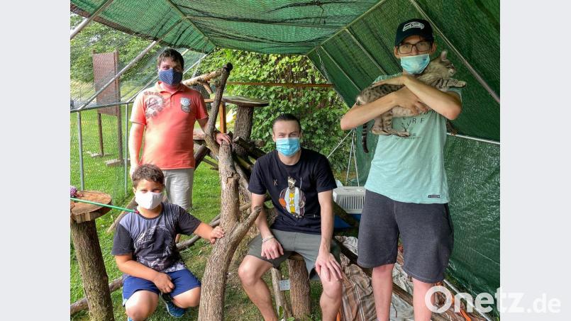 Ziel der Schnitzeljagd war das Bengalkatzengehege beim Krummennaaber Sportheim. Sven Selch (rechts) ermöglichte den Kindern die exotische Rassekatze kennenzulernen. Bild: nza