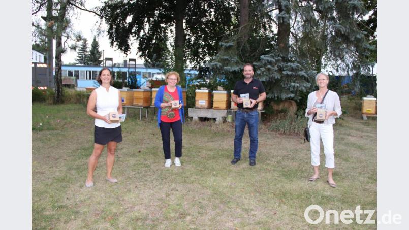 Klaus Herdegen (Zweiter von rechts) stellt Heike von Eyb, Brigitta Netta, und Gerlinde Köder (von links nach rechts) von der Fair-Trade-Steuerungsgruppe Amberg die Nachhaltigkeitsstrategie der Firma Lüdecke vor und überreichte das dazugehörige Prospekt und den firmeneigenen Honig. Bild: ero