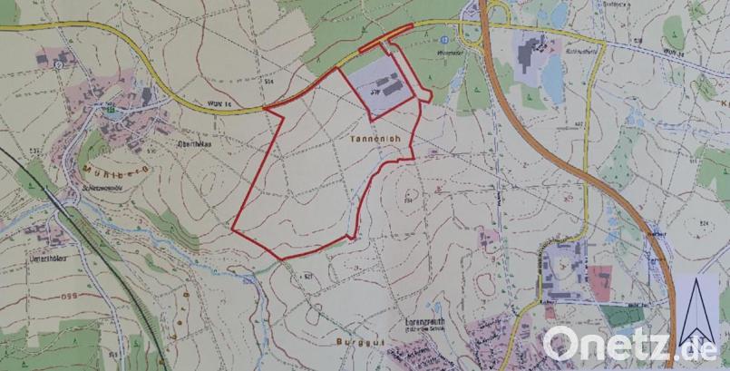Ganz in Autobahnnähe, zwischen Thölau, Lorenzreuth und Rathaushütte, entsteht das neue Logistikzentrum südlich der Kreisstraße WUN 14 im Bereich der rot eingezeichneten Linie. Grafik: Stadt Marktredwitz/exb