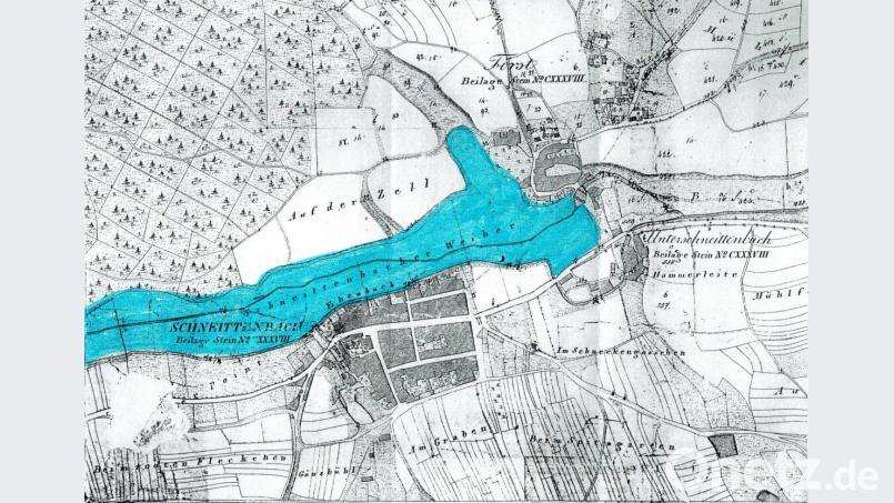 Alter Lageplan mit großem Weiher zwischen den beiden Gemeinden Schnaittenbach und Forst Repro: sh