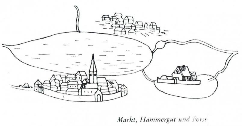 Alte Handzeichnung von Schnaittenbach, Hammergut und Forst, dazwischen der große Schnaittenbacher Weiher, dessen Damm gebrochen ist Repro: sh