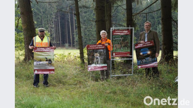 Jagdpächterin Klothilde Koller (Mitte), der Bezirksvorsitzende des Jagdverbandes, Alexander Flierl (rechts), und Armin Ismail von der Polizeiinspektion Oberviechtach stellen Warntafeln auf, die Autofahrer auf Wildwechsel und die damit verbundene Gefahr hinweisen. Bild: wel