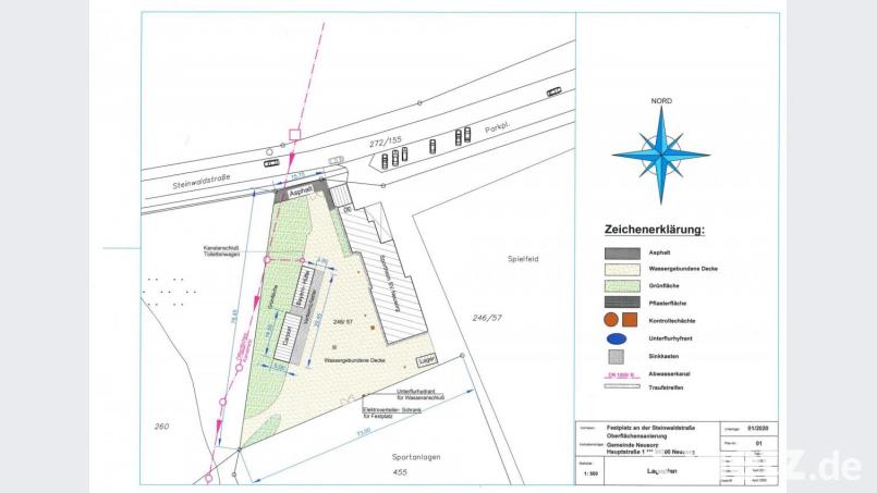 Auf dem Lageplan ist der zu sanierende Festplatz mit der Nummer 246/57 gekennzeichnet. Rechts daneben befindet sich das Vereinsheim des Sportvereins Neusorg. Bild: Gemeinde Neusorg/exb