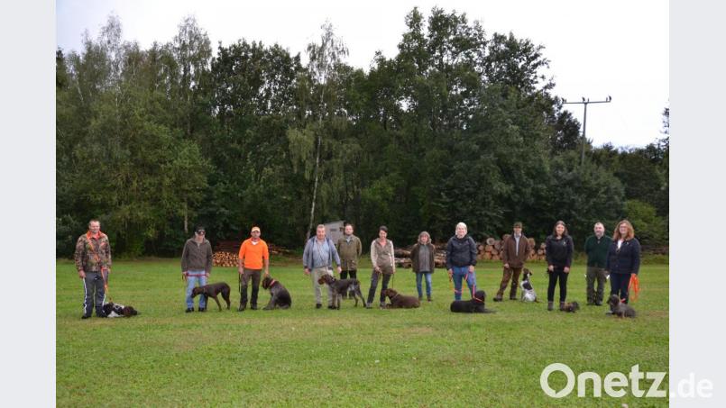 Jagd- und Begleithunde wurden geprüft. Ausbilder war Hundeobmann Roland Bäumler (Zweiter von rechts) der Kreisgruppe Vohenstrauß des BJV. Die Prüfung nahm die Regierungsbeauftragte für das Hundewesen Ute Ehebauer (Sechste von rechts) ab. Vorsitzender der BJV Kreisgruppe Vohenstrauß Christian Ertl (Fünfter von links) gratulierte und dankte dem Ausbilder. Bild: gi