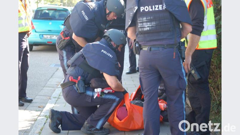 Die Einsatzkräfte bringen eine schwerverletze &quot;Person&quot; aus der Gefahrenzone – eine 75 Kilogramm schwere Puppe. Bild: gib
