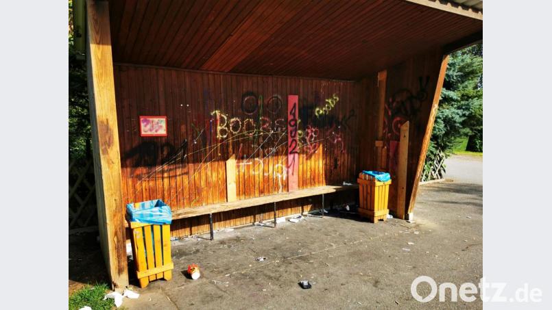 Trotz zweier Abfallbehälter liegt der Unrat umher und am beschmierten Wartehäuschen fehlen Bretter. Bild: gz