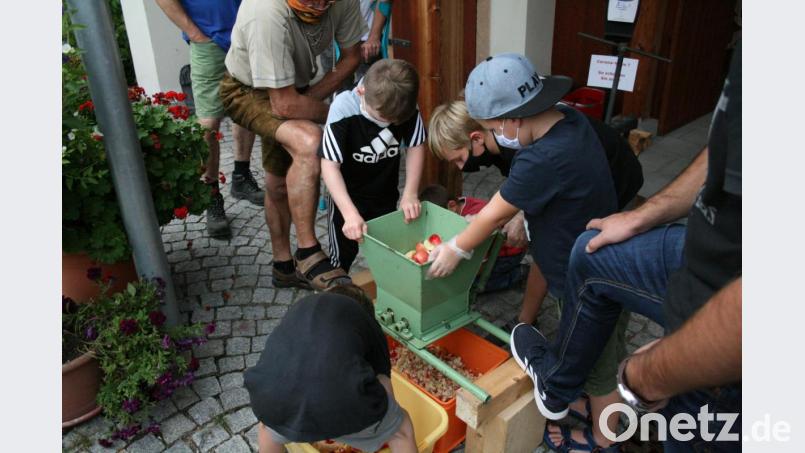 Eine Aufgabe für den Stärksten: Die Äpfel müssen durch den Häcksler, was schon ordentlich Kraft beanspruchte. Bild: nag