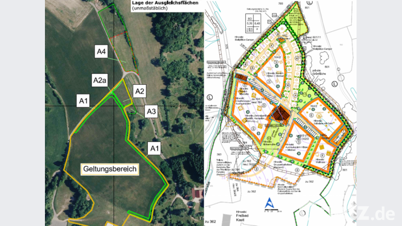 Die neu vermessene Fläche des geplanten Campingparks am Kastler Freibad. Auf der neuen Ausgleichsfläche (links: A4) wird eine rund 2000 Quadratmeter große Streuobstwiese zusätzlich entstehen. Repro: jp