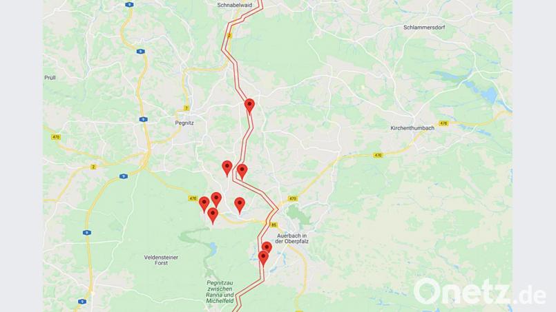 Der Kartenausschnitt zeigt den von der Bahn geplanten Trassenverlauf in der Region. Bild:  Quelle: bahnausbau-nordostbayern.de/exb