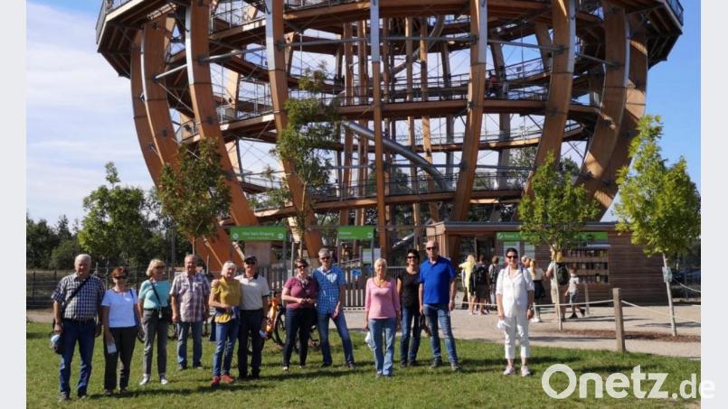 Auf der Heimfahrt machen die Teilnehmer noch einen Stopp bei der Erlebnisholzkugel am Steinberger See. Bild: exb