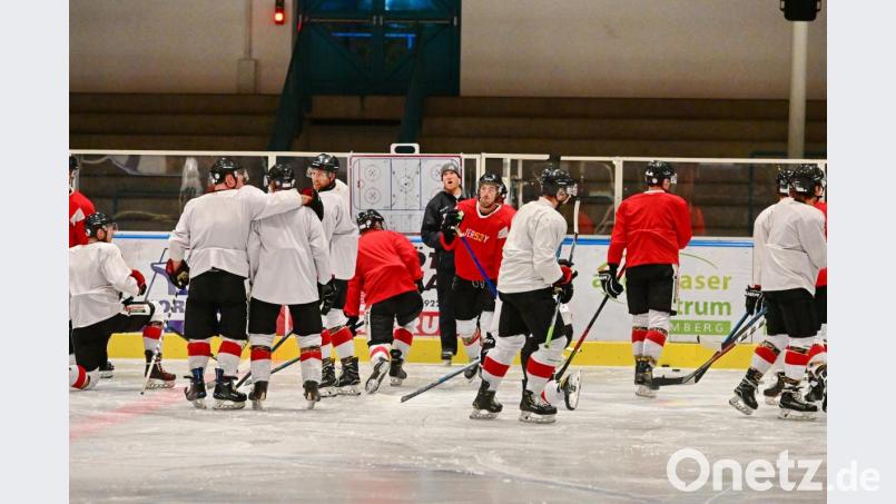 Am Freitag war Trainingsauftakt beim ERSC Amberg. Coach Dan Heilman (Mitte hinten) forderte gleich einiges von seinen Spielern. Bild: ref