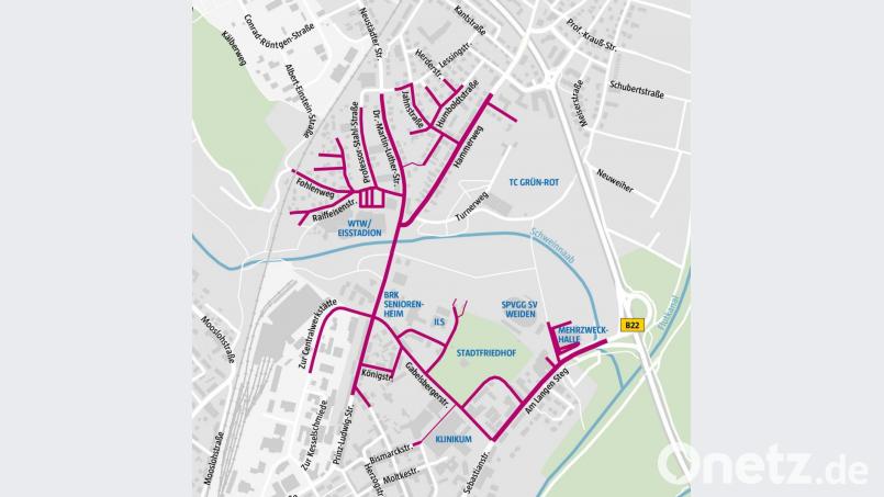 Rund 1500 Weidener müssen am Sonntag, 27. 9. vor 8 Uhr ihre &quot;vier Wände&quot; verlassen, wenn sie in diesen Bereichen wohnen. Grafik: Oberpfalz-Medien