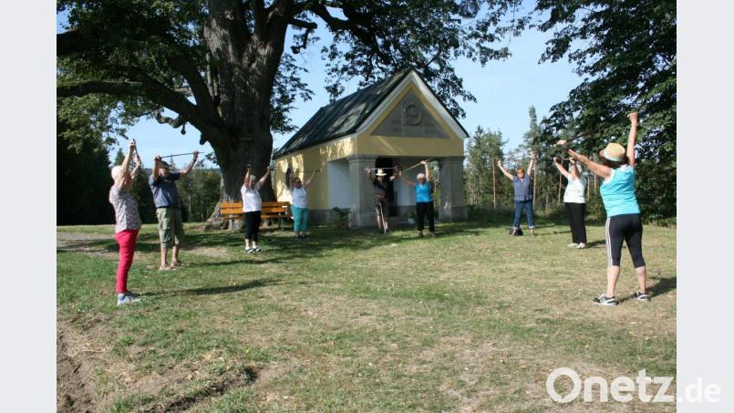 Motiviert machen die Senioren bei den Übungen mit. Ein herrlicher Spätsommertag inmitten der Natur beflügelt zudem die Stimmung. Rechts im Bild die langjährige Leiterin der Gymnastikgruppe des Roten Kreuzes, Zita Schuster. Bild: roh