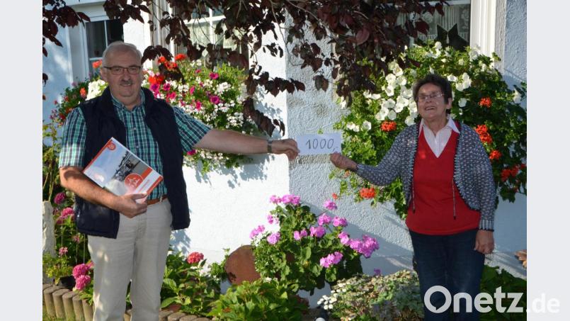 Christa Wildenauer überreicht 1000 Euro an Herbert Putzer für die Kinderkrebshilfe in der Region Oberpfalz Nord. Das Geld kommt Familien mit krebs- oder schwererkrankten Kindern zugute. Bild: dob