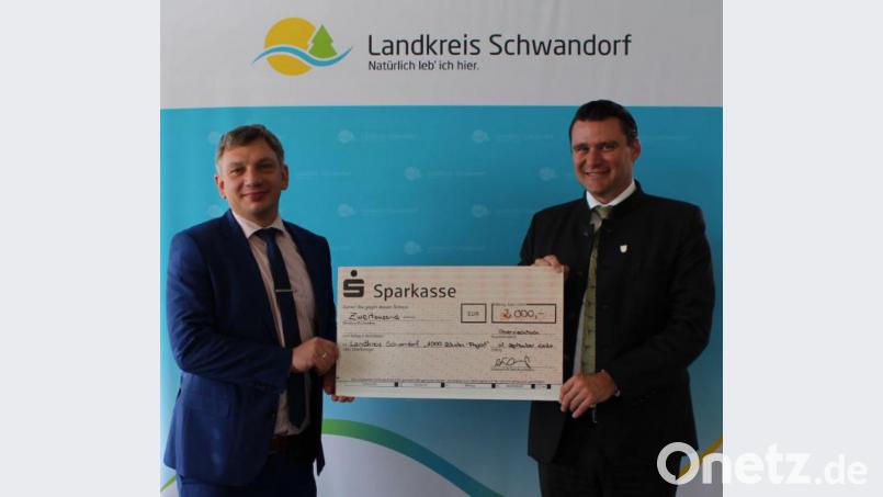 Lions-Präsident Manuel Lischka (links) übergab 2000 Euro für das Projekt &quot;1000 Schulen für unsere Welt&quot; an Landrat Thomas Ebeling. Bild: Franziska Dirmeier/exb