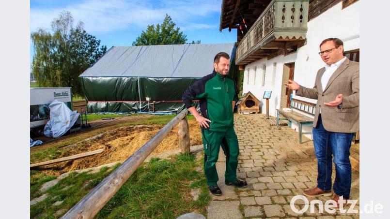 Museumsleiter Dr. Tobias Hammerl (von rechts) und Marcus Römer besprechen die weiteren Schritte in Waldlerdorf. Bild: Hösamer