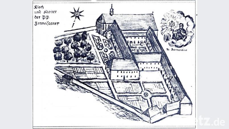 Das einstige Franziskaner-Kloster. Zu erkennen ist auf der Zeichnung von Otto Schmidt auch die Kirche mit Dachreiter. Bild: exb
