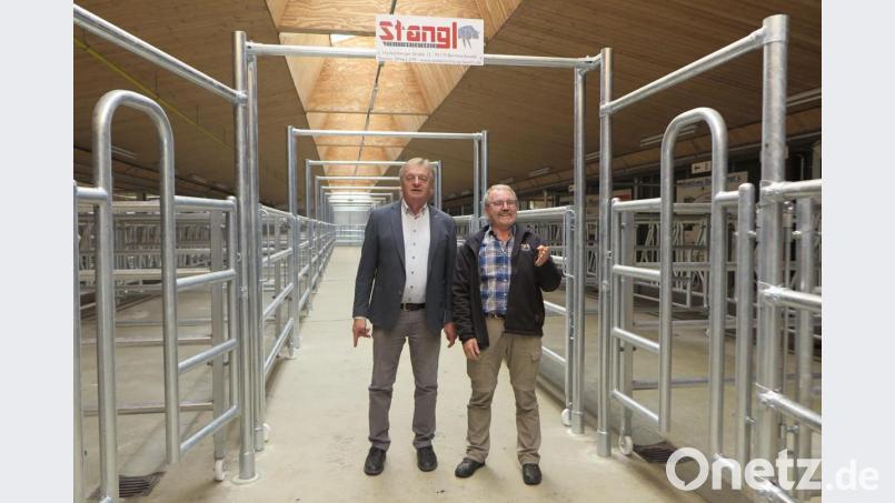Vorsitzender Erich Pilhofer (links) und Geschäftsführer Franz Weidinger (rechts) erwarten die Züchter am 7. Oktober zum 888. Rinderzuchtmarkt in der umgebauten Halle des Schwandorfer Tierzuchtzentrums. Bild: Hirsch