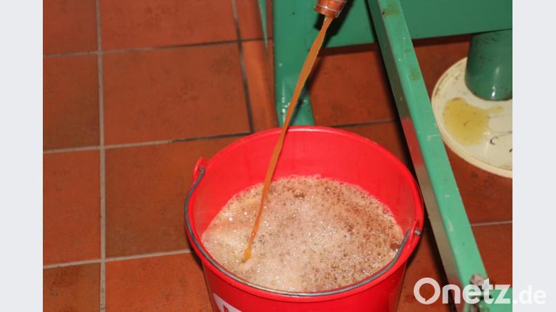 Der gepresste Apfelsaft fließt in einen bereitgestellten Eimer. Bild: kro