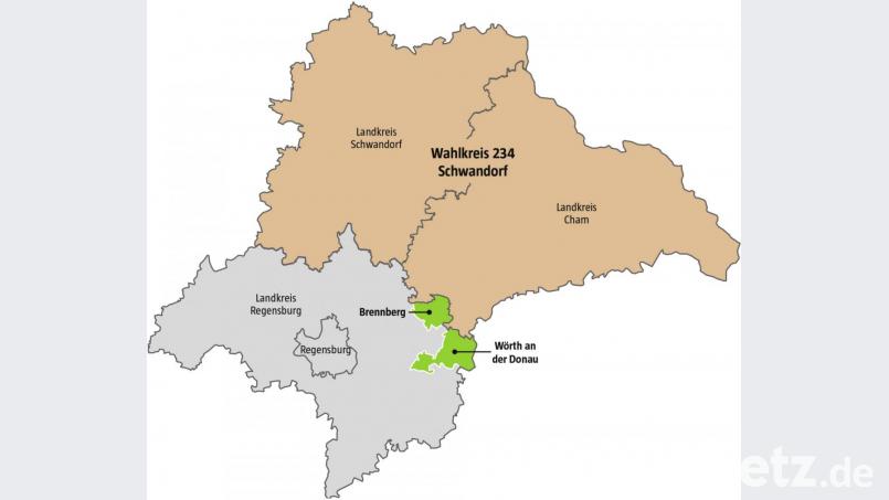 Der Wahlkreis 234, der wie bisher die beiden Landkreise Schwandorf und Cham umfasst, geht bei der Bundestagswahl 2021 bis zu Donau. Er wird um Brennberg und Wörth/Donau (grün) erweitert. Grafik: Oberpfalz-Medien