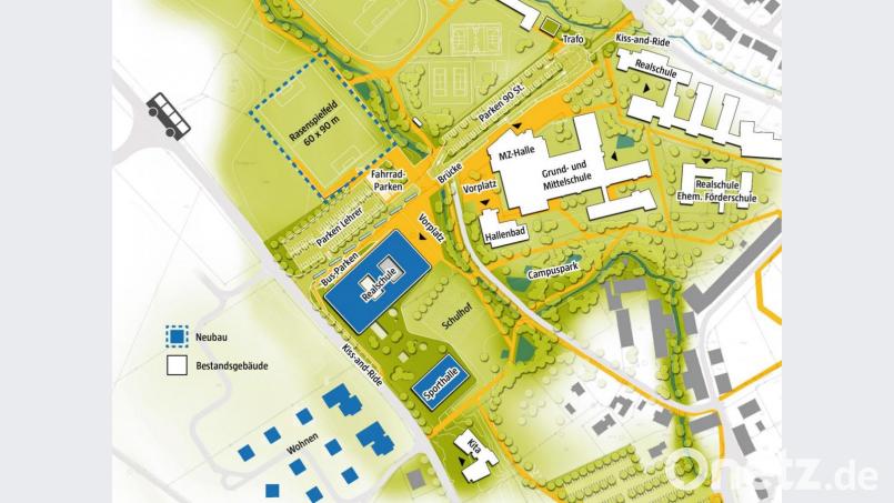 Im Sommer präsentierten die Architekten ihren Entwurf für das Schulgelände und sein Umfeld. Historische Fundamente könnten zum Beispiel im Bereich oben links liegen, etwa wo das neue Rasenspielfeld geplant ist. Bild: ArchitekturbüroLeinhäupl Neuber GmbH /Gutiérrez-dela Fuente Arquitectos SLP/exb