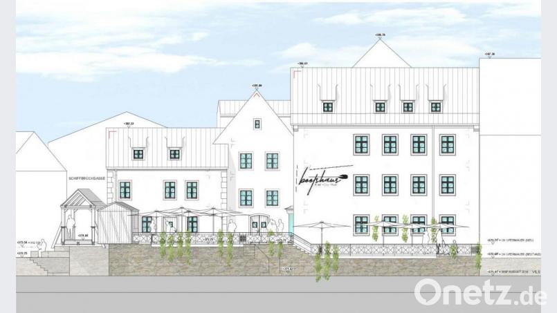 Bootshaus wird das Gasthaus samt Fremdenzimmern heißen, das am Vilssteg bei der Schiffbrückgasse entsteht. Das Lokal ist dann auch vom Wasser her zu erreichen. Grafik: Georg Zunner / exb