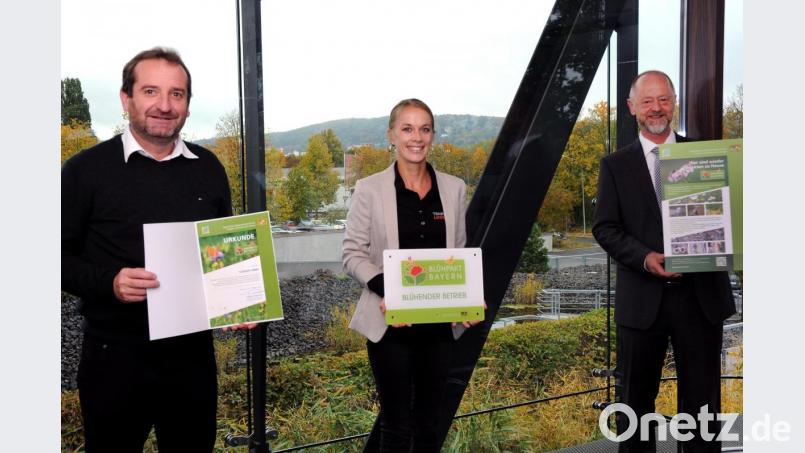 Als erstes Unternehmen in der Region darf sich die Lüdecke GmbH „Blühender Betrieb“ nennen. Klaus Herdegen (links) und Julia Kohl nehmen die Auszeichnung von Blühpakt-Manager Stephan Niederleitner (rechts) entgegen. Bild: Stephan Huber