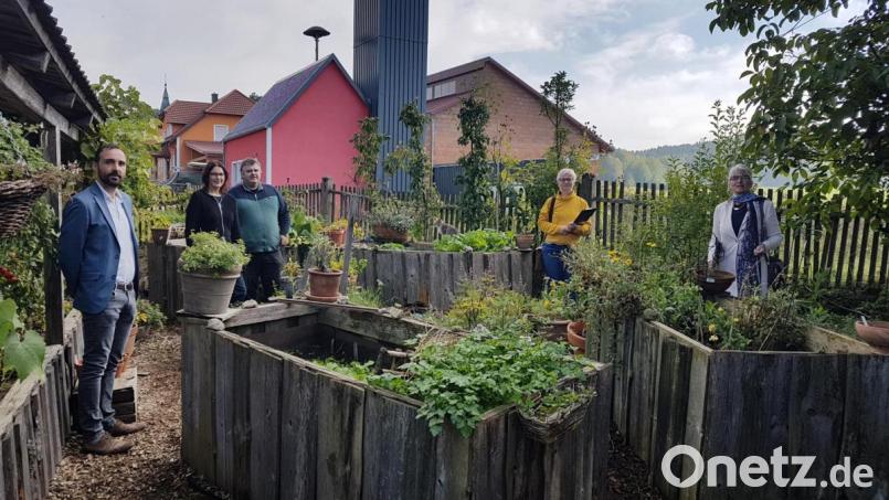 Im Beisein der Gartenbesitzer Claudia und Erich Schmid (hinten) und Bürgermeister Armin Bulenda (links) begutachteten die beiden Kreisgartenfachberaterinnen Maria Treiber (Zweite von rechts) und Dagmar Thimm-Böhringer (rechts) die Naturgärten in Gaisheim und zertifizierten sie mit der Plakette „Bayern blüht – Naturgarten“. Bild: gi