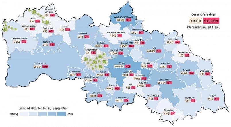 Im ganzen Landkreis Neustadt/WN gibt es nur eine Gemeinde, in der sich bisher niemand mit dem Coronavirus angesteckt hat: Speinshart. Bild: Oberpfalz-Medien / Quelle: Gesundheitsamt Weiden-Neustadt, Stadt Weiden