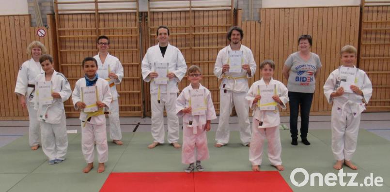 Über die neuen Gurtfarben freuen sich (vorne, von links) Luca Gräbner, Marc Milfort, Max Hader, Simon Tafelmeyer und Leon Keil sowie (hinten, von links) Trainerin Susanne Schubert, Alex Müller, Andreas Kißler, Manuel Roder und Judo-Abteilungsleiterin Sandra Querfurt. Bild: rn