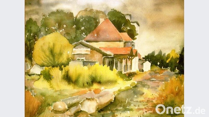 Bild aus der Ausstellung &quot;Begegnung mit Eschenbach&quot; von Elke Schulz (1940 bis 2019). Das Aquarell zeigt den ehemaligen Eschenbacher Bahnhof. Repro: hev