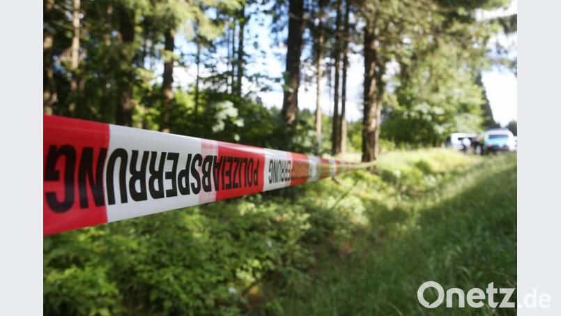 Ein Absperrband der Polizei umzäunt ein Waldstück an einer Verbindungsstraße zwischen Rodacherbrunn in Thüringen und Nordhalben in Bayern. Symbolbild: Bodo Schackow/dpa