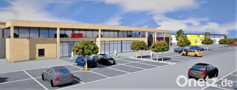 Die Visualisierung zeigt Parkplatz und Fassade des Supermarktes. Hinten ist der Fachmarkt möglicherweise für einen Textilhändler zu erkennen. Bild: Gamma Grundbesitzergesellschaft