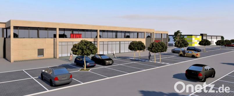 So sieht der Plan für das Fachmarktzentrum in Grafenwöhr aus, das künftig unter anderem einen Rewe-Markt Platz bieten soll. Bild: Gamma Grundbesitzgesellschaft