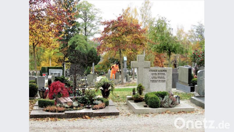 Eine Stadtarbeiterin ist damit beschäftigt, das Laub aufzurechen. Für Allerheiligen soll der Friedhof rundherum fein herausgeputzt sein. Bild: ubb