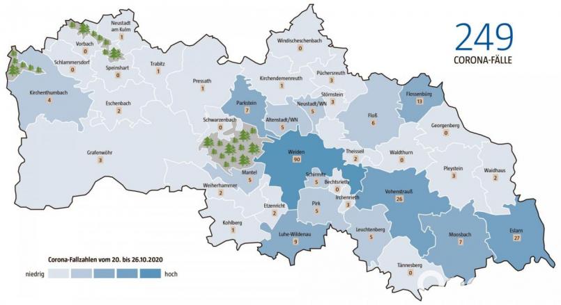 Der Osten des Landkreises Neustadt/WN ist laut der nachgewiesenen Infektionen mit dem Coronavirus aktuell stärker vom Virus betroffen als der Westen. Sicher vor einer Infektion ist man aber nirgends. Grafik: NT/AZ; Quelle: Landratsamt Neustadt, Gesundheitsamt Neustadt - Weiden