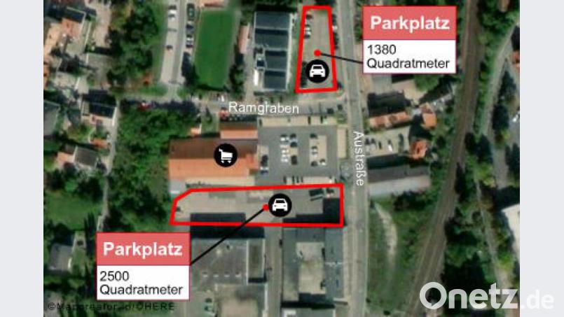 Die Grafik zeigt im Norden an der Ecke Ramgraben/Austraße den Parkplatz am einstigen Danhauser-Baustoffmarkt mit circa 50 Plätzen. Neu ist die Parkfläche am ehemaligen Baywa-Gelände hinzugekommen, die im Süden an Netto angrenzt und Platz für mindestens 100 Autos bietet. Grafik: Maps4News