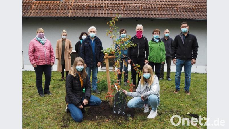 Vorstandsmitglieder des Obst- und Gartenbauvereins Angfeld pflanzen einen Apfelbaum im Beisein des Zweiten Bürgermeisters Benjamin Hiltl (rechts) und des Vorsitzenden der Feuerwehr, Hans Pickel (hinten, Vierter von links). Bild: exb