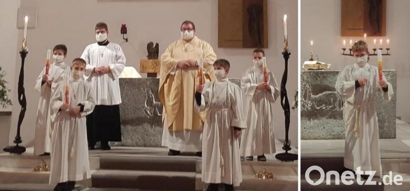 In einem festlichen Gottesdienst begleitete Pfarrer Sven Grillmeier (links Bild, Vierter von links) Ben Berg, Maximilian Maßmann, Tim Strößenreuther und Yannik Seelos (vorne von links) zum Tisch des Herrn, ebenso Luca Neugirg (rechtes Bild). Bild: hai