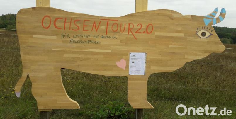 Der hölzerne Auerochse bietet Besuchern des Rundwegs um die Grubenfelder Leonie Platz, um Reaktionen oder Grüße zu hinterlassen. Bild: Daniela Reisch/exb