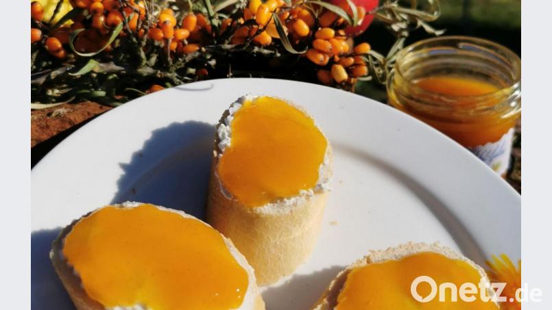 Der extra Vitamin-C-Kick für den Winter aufs Brot: Sanddorn-Apfel-Gelee. Bild: Heike Heindl/exb
