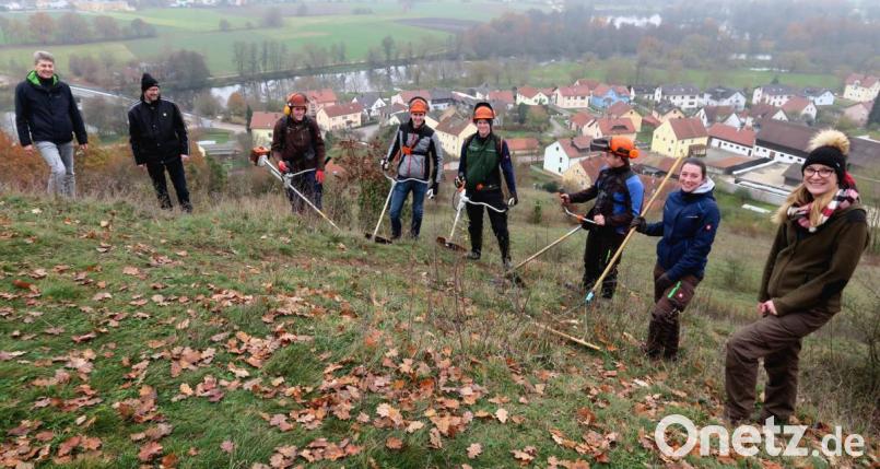 Studierende der Landwirtschaftsschule Nabburg machten sich an den Hängen des Münchshofener Berges mit Freischneidern und Rechen an die Arbeit. Begleitet wurden sie von Lehrerin Patricia Steinbauer (rechts) sowie Markus Kurz (links) und Christian Weiß (Zweiter von links) vom Landschaftspflegeverband und vom Maschinenring. Bild: Hirsch