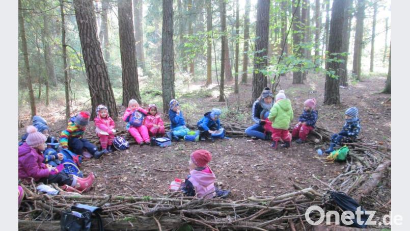 Das gebaute Waldnest diente als Sitzgelegenheit zum Brotzeitmachen, Singen, Geschichten hören, Mandala legen sowie für Cimspiele mit Naturmaterial. Bild: bk