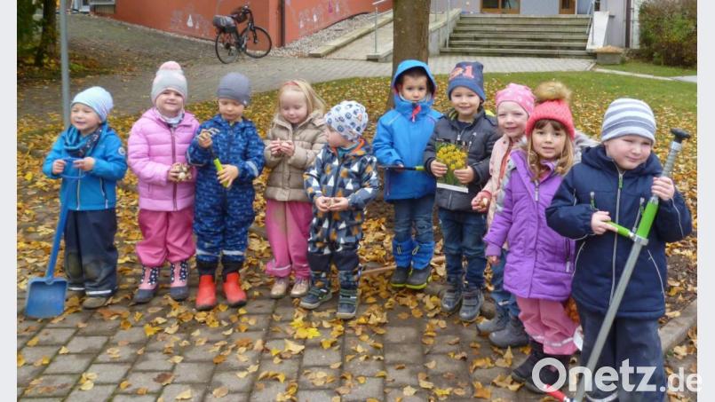 Ausgerüstet mit Matschhose, Gummistiefel und Gartengeräten: Das Foto zeigt einen Teil der über 40 Kindergartenkinder, die in Pertolzhofen die Saat für eine Blumenwiese ausbrachten. Bild: Christina Zwack
