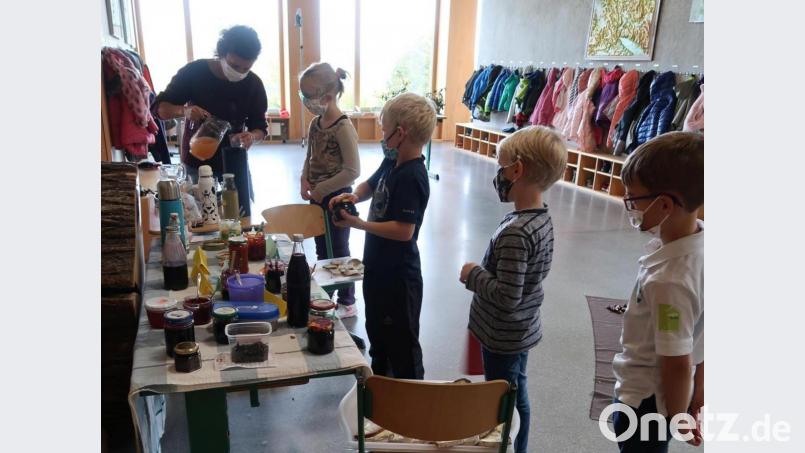 Die Schüler waren begeistert, wie gut Marmeladen aus Schlehen oder Holunder schmecken. Probieren konnten die Kinder auch selbst gemachte Säfte. Bild: exb