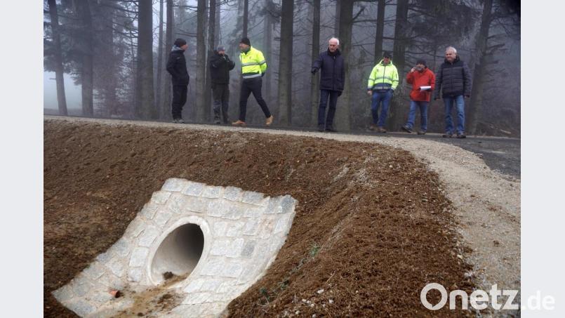 Viele Straßenabwässer, auch von der nahen Kreisstraße, vernässten in der Vergangenheit landwirtschaftliche Flächen. Dem Übel wurde mit zahlreichen Durchlässen abgeholfen. Die Bürgermeister Peter König (Mitte, Neusorg) und Günter Kopp (rechts, Kulmain) zeigten sich sehr zufrieden mit der Straßenbaumaßnahme. Bild: bkr