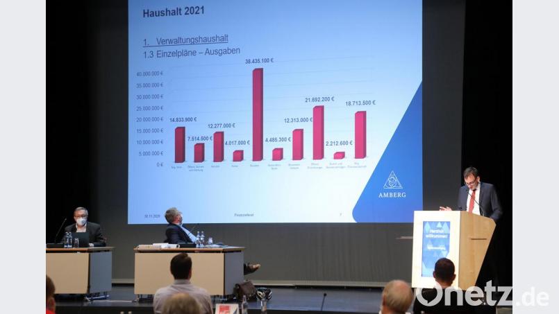 Stadtkämmerer Jens Wein (rechts) stellte am Montagabend in der Sitzung des Amberger Stadtrats den finalen Haushaltsentwurf für das Jahr 2021 vor. Bild: Wolfgang Steinbacher