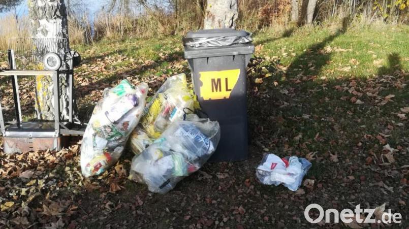 Gelbe Säcke und einen ausrangierten Grill haben Bauhof-Mitarbeiter am Badeweiher gefunden. Bürgermeister Anton Kappl ist "mehr als nur sauer". Bild: Eichl