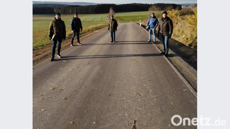 Pleysteins Geschäftsleiter Günter Gschwindler, Zweiter Bürgermeister Bernhard Rom (Moosbach), Bauleiter Helmut Auer, Firma Dankerl, Geschäftsleiter Andreas Hofmeister (Moosbach) und Pleysteins Bürgermeister Rainer Rewitzer (von links) begutachten die fertige Straße. Bild: bey